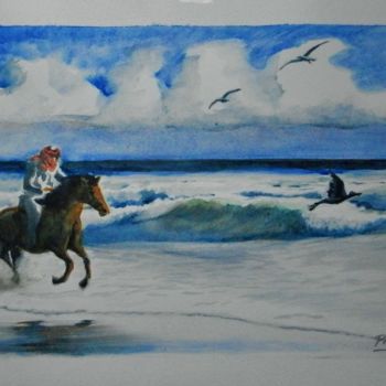 Pintura intitulada "Galop sur la plage" por Phil, Obras de arte originais, Aquarela
