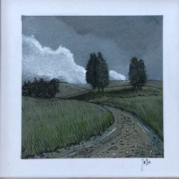 Drawing titled "Paysage #2" by Eddy Josse, Original Artwork, Watercolor Mounted on Other rigid panel