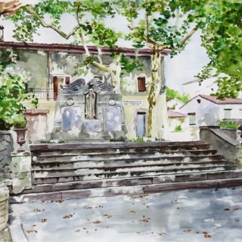 Painting titled "Place Joseph Comte" by Vancé, Original Artwork, Watercolor