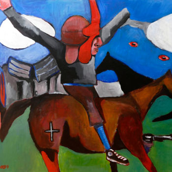 Malerei mit dem Titel "Cavalier rouge" von Eddy Legrand, Original-Kunstwerk, Acryl