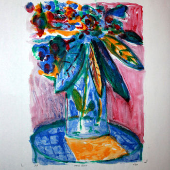 Printmaking titled "Vase bleu" by Eddy Legrand, Original Artwork, Monotype