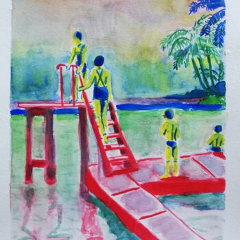 Painting titled "Les nageurs 2023" by Eddy Legrand, Original Artwork, Watercolor