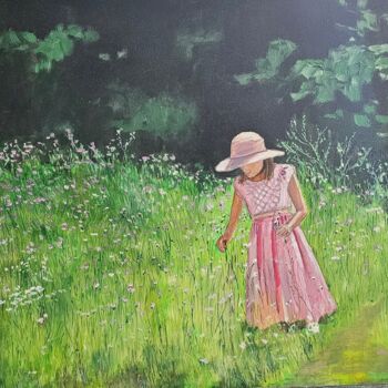 Pintura intitulada "Girl Picking Wildfl…" por Edeleweiss Cobblestone, Obras de arte originais, Óleo