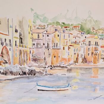 Painting titled "Cefalu Sicily" by Edeleweiss Cobblestone, Original Artwork, Watercolor