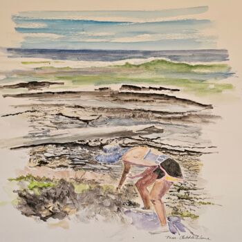 Painting titled "Girl Picking Seashe…" by Edeleweiss Cobblestone, Original Artwork, Watercolor