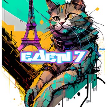 제목이 "Cat in Paris Eiffel"인 디지털 아트 Edenseven Graffiti Street Art로, 원작, 디지털 페인팅