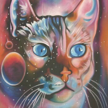 Painting titled "Gato Lunar" by Edgar Pacheco, Original Artwork, Pastel