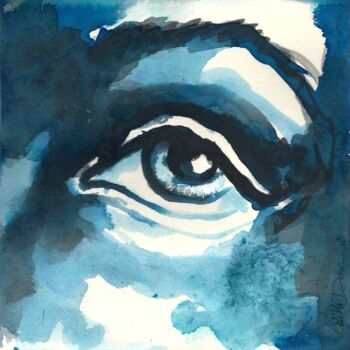 Desenho intitulada "L'oeil bleu" por Edith Bos Boyer (EDITH DONC), Obras de arte originais, Tinta