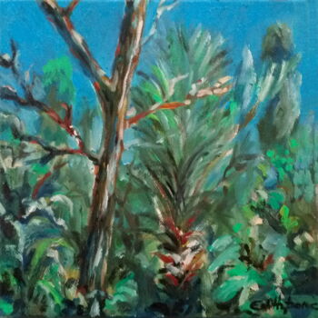 Painting titled "Un bout de jardin" by Edith Bos Boyer (EDITH DONC), Original Artwork, Oil Mounted on Wood Stretcher frame