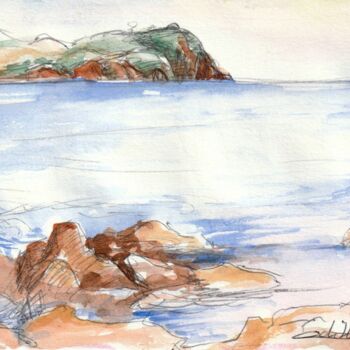 Painting titled "Une vue mer" by Edith Donc, Original Artwork, Watercolor