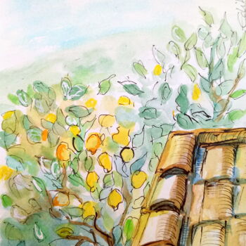 Drawing titled "Les citronniers" by Edith Donc, Original Artwork, Watercolor