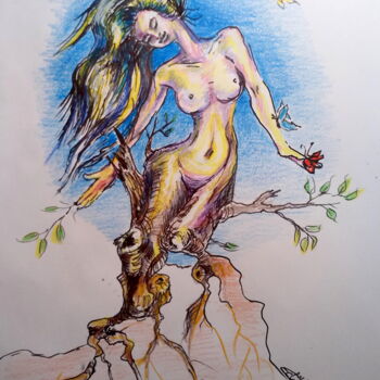 Desenho intitulada "Le printemps arrive" por Edith Donc, Obras de arte originais, Lápis