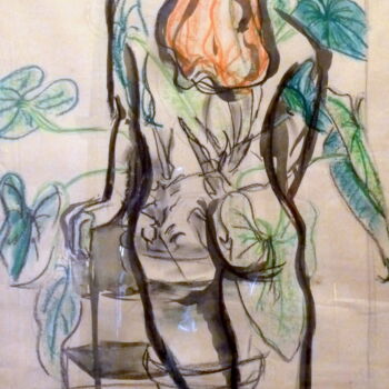 Desenho intitulada "Nu au philodendron" por Edith Donc, Obras de arte originais, Pastel