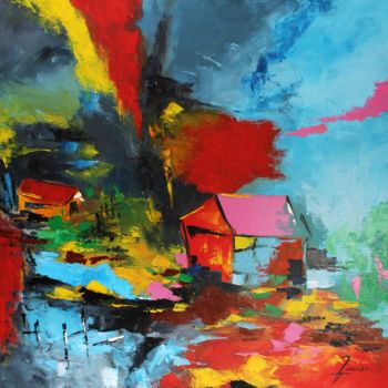 Painting titled "cabane-rouge" by Edith Verdickt, Original Artwork, Acrylic