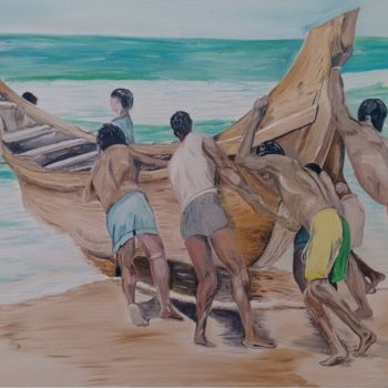 Pintura intitulada "empurrando-barco-na…" por Edivaldo Cruz, Obras de arte originais, Óleo