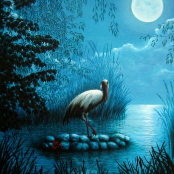 Painting titled "Lunar stork" by Neint, Original Artwork, Oil