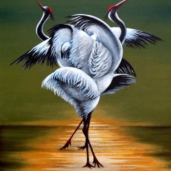 Painting titled "Dance of storks" by Neint, Original Artwork, Oil
