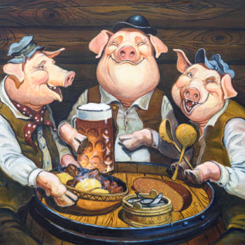 Painting titled "three pigs" by Eduard Kont, Original Artwork, Oil