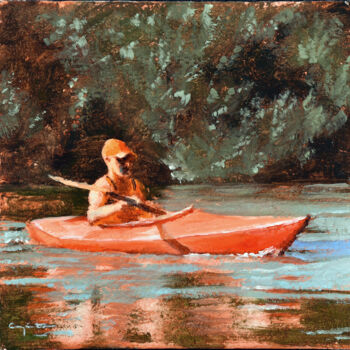 Painting titled "Canoa roja" by Eduardo Carpintero García, Original Artwork, Oil Mounted on Other rigid panel