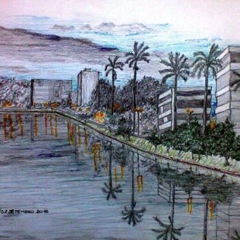 Desenho intitulada "Entardecer na Lagoa…" por Eduardo Machado, Obras de arte originais, Lápis Montado em Vidro