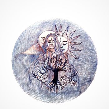 Рисунок под названием "🔴Il Sole, la Luna e…" - Eduardo Scivoletto, Подлинное произведение искусства, Шариковая ручка