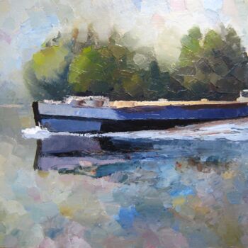 Painting titled "Péniche sur la Seine" by Edwige Figura, Original Artwork, Acrylic Mounted on Wood Stretcher frame