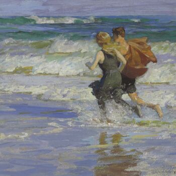 Peinture intitulée "À la plage" par Edward Henry Potthast, Œuvre d'art originale, Huile