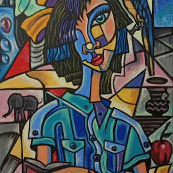 Painting titled "girl with a book" by Edward Yov, Original Artwork, Acrylic