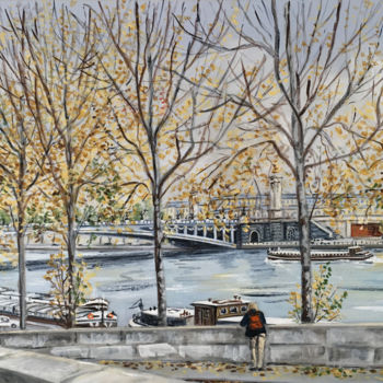 绘画 标题为“Les quais de Seine” 由Edwige Mitterrand Delahaye, 原创艺术品, 油 安装在木质担架架上
