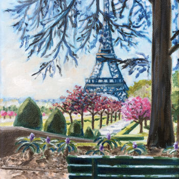 Painting titled "Le banc de la Tour…" by Edwige Mitterrand Delahaye, Original Artwork, Oil Mounted on Wood Stretcher frame