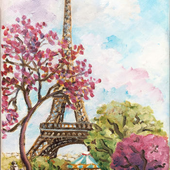 Painting titled "Tour Eiffel aux nua…" by Edwige Mitterrand Delahaye, Original Artwork, Oil Mounted on Wood Stretcher frame