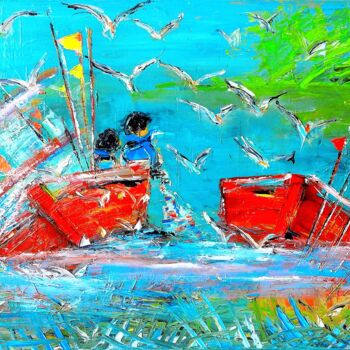 Schilderij getiteld "Retour de pêche Mon…" door Edwige (Edges) Lefevre, Origineel Kunstwerk, Olie Gemonteerd op Frame voor h…