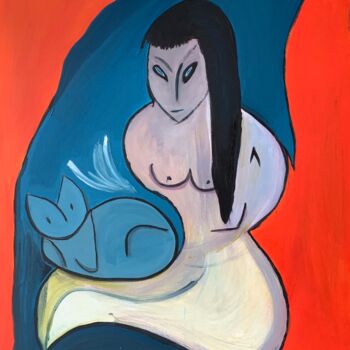 Malerei mit dem Titel "Blues - Lady & Cat" von Philodo, Original-Kunstwerk, Acryl
