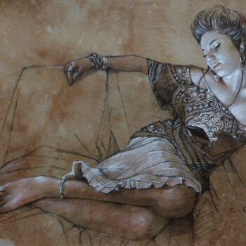 Drawing titled "La Randonneuse" by Efka, Original Artwork, Pencil Mounted on Cardboard