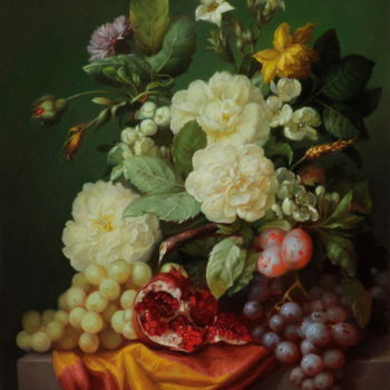 Malarstwo zatytułowany „Flowers, pomegranate” autorstwa Дмитрий Севрюков, Oryginalna praca, Olej