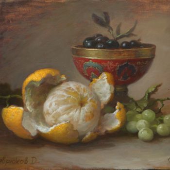 Painting titled "Orange and olives" by Dmitrii Sevriukov, Original Artwork, Oil Mounted on Wood Stretcher frame