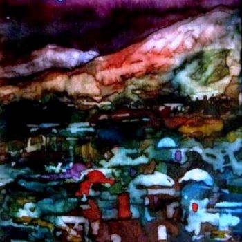 Painting titled "village night sceen" by Ehab Lotfi, Original Artwork, Oil