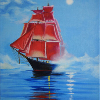 Painting titled "Scarlet Sails" by Ekaterina Zalozhina, Original Artwork, Oil Mounted on Wood Stretcher frame