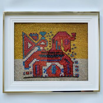 Textile Art titled "Le cheval et l'oise…" by Ek, Original Artwork, Embroidery Mounted on Glass