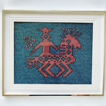 Textile Art titled "Chevalier rose sur…" by Ek, Original Artwork, Embroidery Mounted on Glass