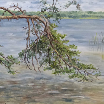 Painting titled "Белое озеро." by Ekaterina Gromova, Original Artwork, Oil Mounted on Wood Stretcher frame
