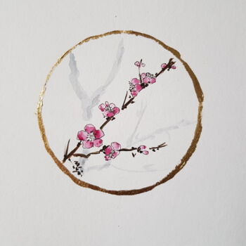 Pintura intitulada "Japanese style pink…" por Ekaterina Andreeva, Obras de arte originais, Aquarela