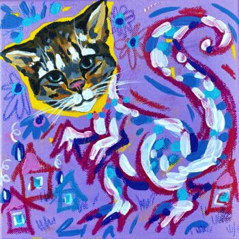 Картина под названием "Dino-Cat" - Ekaterina Baranova, Подлинное произведение искусства, Акрил Установлен на Деревянная рама…