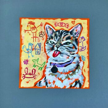 Pittura intitolato "Grumpy Cat" da Ekaterina Baranova, Opera d'arte originale, Gouache Montato su Vetro