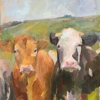 Painting titled "Les vaches" by Ekaterina Belukhina, Original Artwork, Oil Mounted on Wood Stretcher frame