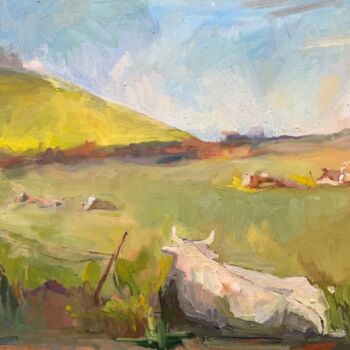 Painting titled "Green meadow" by Ekaterina Belukhina, Original Artwork, Oil Mounted on Wood Stretcher frame