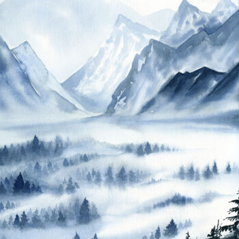 Painting titled "Blue landscape" by Ekaterina Gamzaeva, Original Artwork, Watercolor
