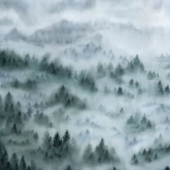 Pintura intitulada "Foggy forest_2" por Ekaterina Gamzaeva, Obras de arte originais, Aquarela