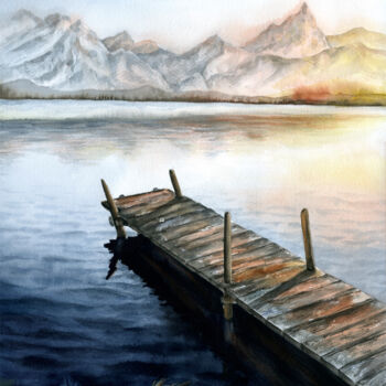 Pintura intitulada "Pier at sunset" por Ekaterina Gamzaeva, Obras de arte originais, Aquarela