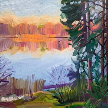 Painting titled "Autumn evening by t…" by Ekaterina Glazkova, Original Artwork, Oil Mounted on Wood Stretcher frame